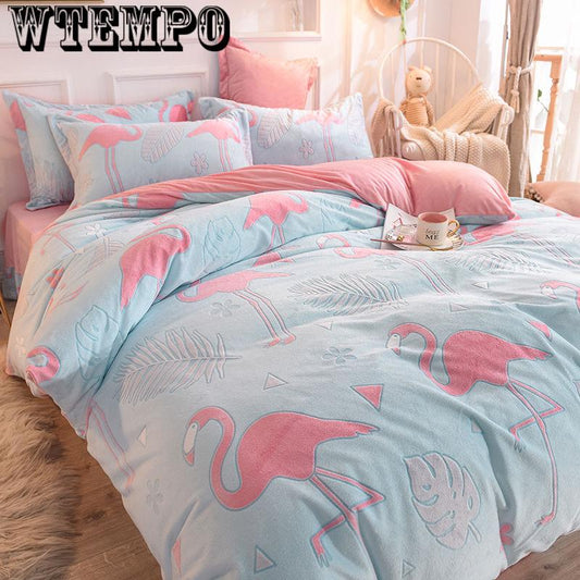 Cashmere Princess Style Orange Color Bed Sheet Fleece Winter Bedding Set 4pcs Double-sided  Thickened Warmth Quilt Cover