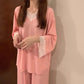 Women's Spring Autumn Long-sleeves Pajamas Set Sexy Lace Edge V-neck Sweet Loose Home Wear Two-piece Suit Solid Color Breathable Sleeping Suit