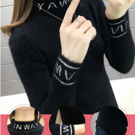 Pofulove imitation mink sweater women's pullover Slim half-high collar thick inner bottoming sweater