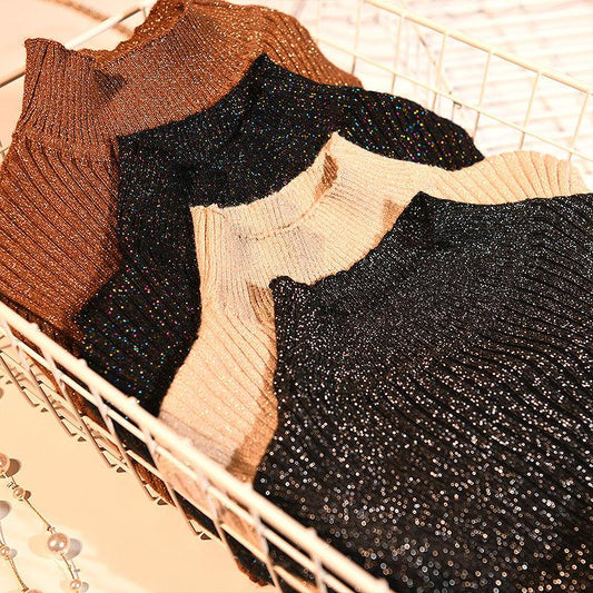 Autumn Winter Shiny Lurex Knit Sweater Women Long Sleeve Pullover  Tops Bottoming  Sweaters Ladies Jumper