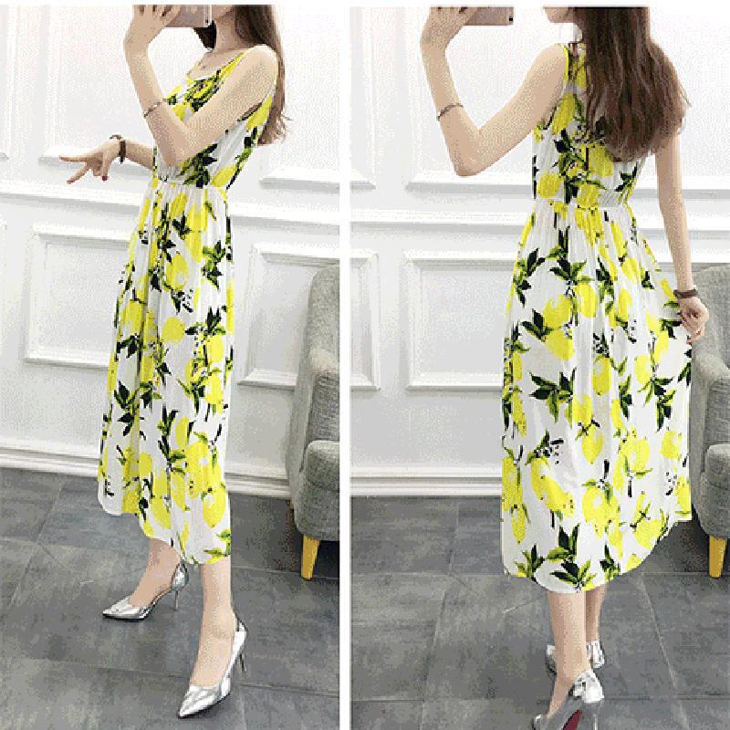 Fashion Boho Summer Cotton Floral Dress Female Vacationer Beach Large Size Printed Sleeveless Dress