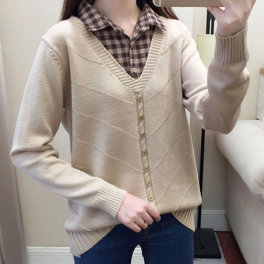 Autumn/Winter Korean Patchwork Pullover Loose Lapel Sweater Female Fake Two Piece Pullover Knitted Sweater Top