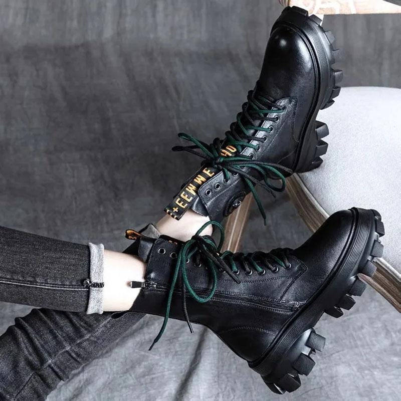 Leather Martin Boots Sponge Cake Thick-soled Round Toe Retro Mid-tube Boots Female British Style Boots Winter Snow Boots Plus Velvet Shoes