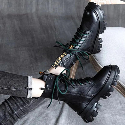 Leather Martin Boots Sponge Cake Thick-soled Round Toe Retro Mid-tube Boots Female British Style Boots Winter Snow Boots Plus Velvet Shoes