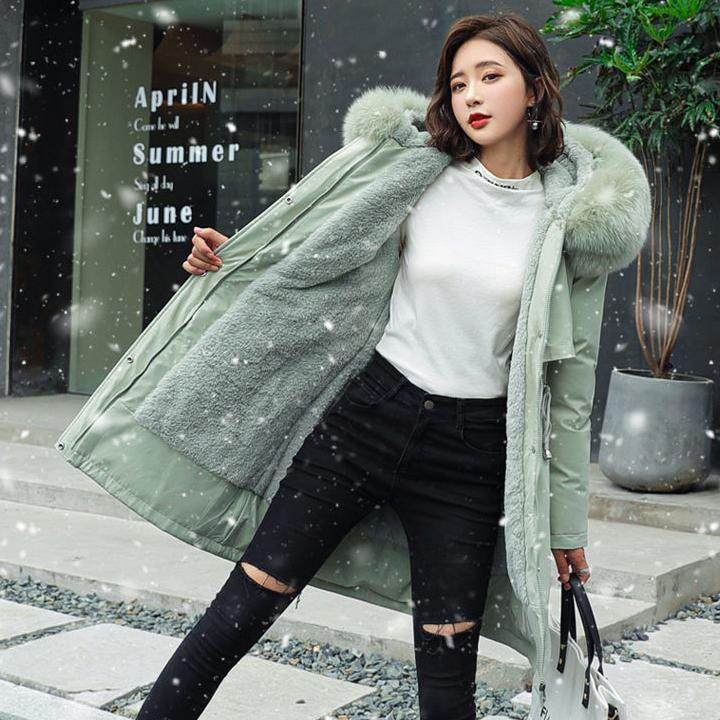Winter Women's Cotton-padded Jacket Mid-length Large Size Fur Collar Plus Fleece Down Padded Jacket Padded Coat