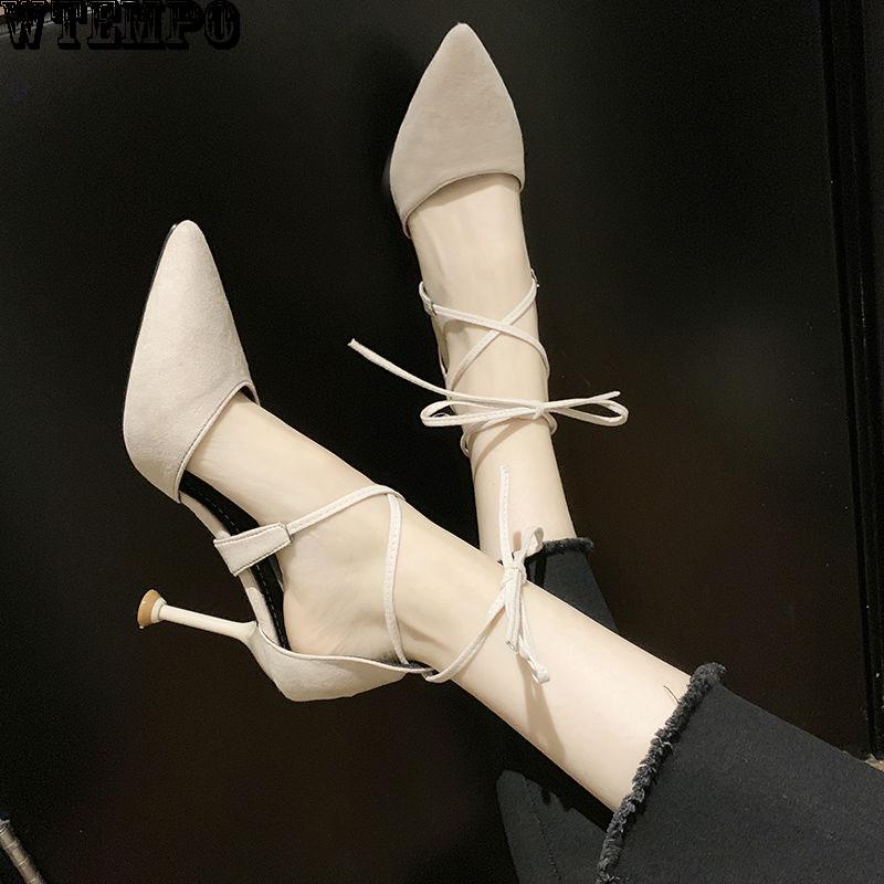 High Heels Women's Lace-up Hollow Sandals Pointed Toe Solid Color Non-slip Soles Soft and Comfortable