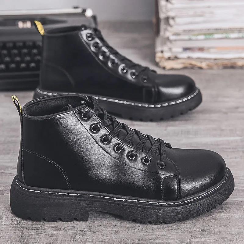 Men's Black Martin Boots Mid-British Thick-soled Men's Boots Korean Style Trendy All-match High-top Leather Shoes