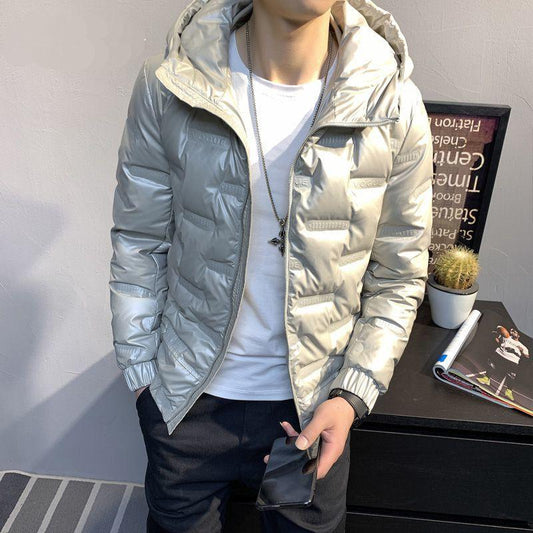 Korean Style Stand-up Collar Bright Embossed Men's Down Jacket Trendy Slim Short Down Jacket Winter Light Jacket