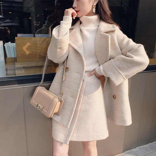 Cotton Thick Woolen Suit Women Autumn and Winter Temperament Small Mid-length Woolen Skirt Two-piece Suit