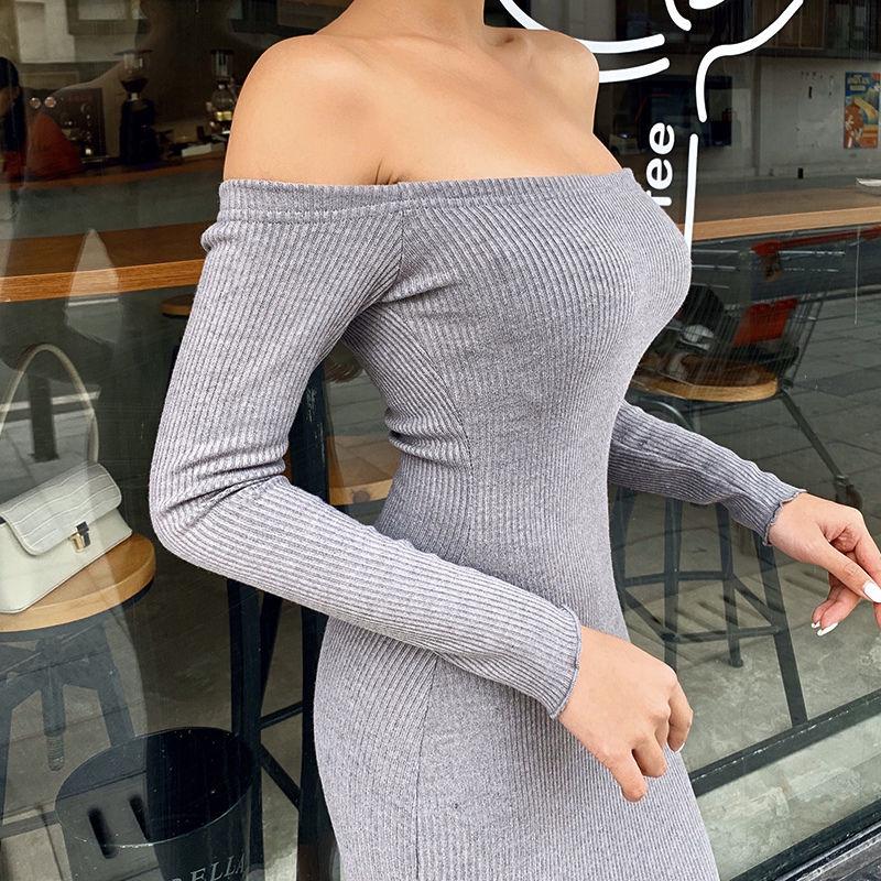 Solid Color Sexy One-shoulder Temperament Thin All-match Ribbed Hip Dress Women