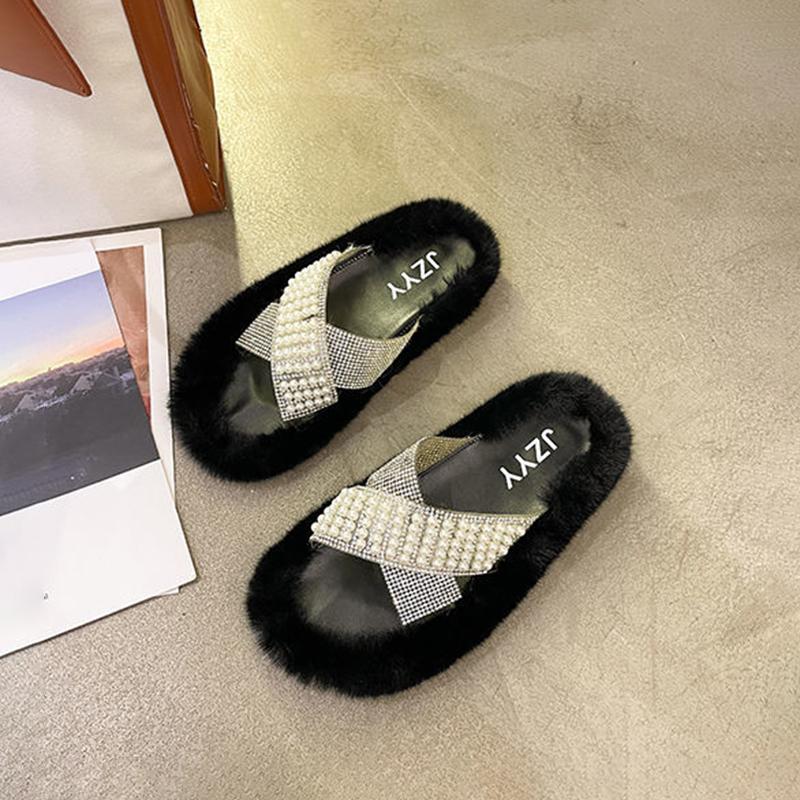 Pearl Plush Slippers Women Wear Thick-soled Non-slip One-word Cotton Mop Home Interior Floor Mop Women's Cute Cotton Slippers