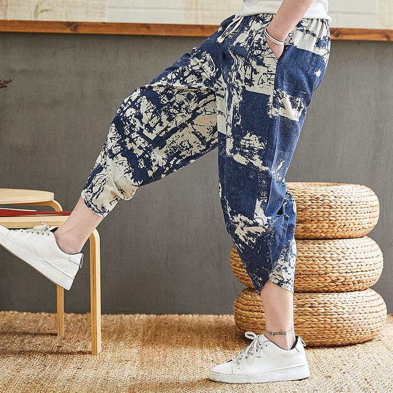 Summer Men's Cotton Linen Shorts Men's Casual Loose Sports Harlan Cropped Pants