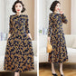 Printed Round Neck Spring Long Sleeve Dress Elastic Slim Fit Belly Long Skirt with Pocket Skirt Simple Comfortable Mid-Length A-Line Skirt