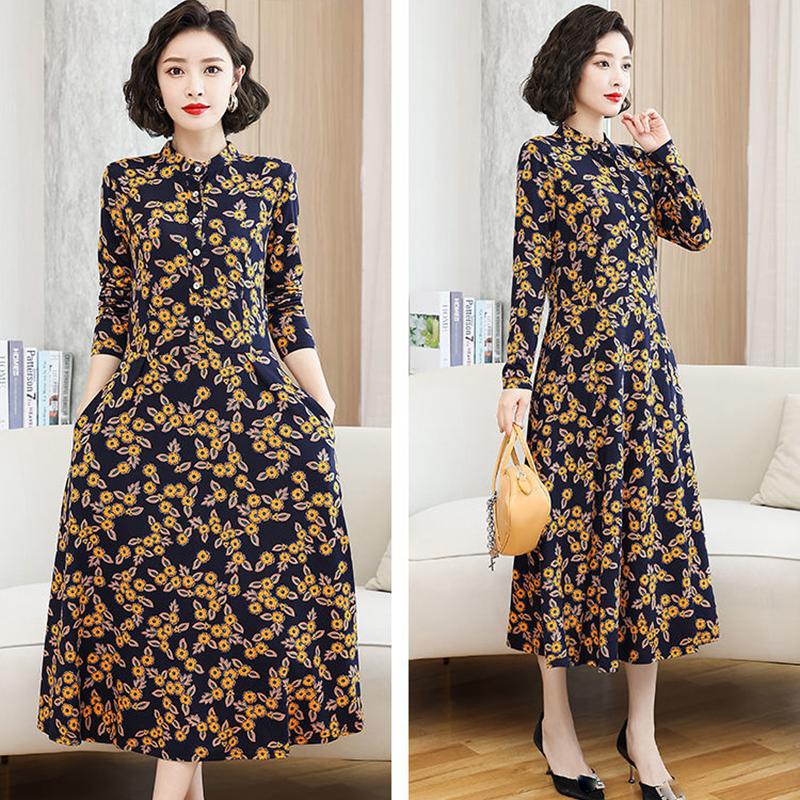 Printed Round Neck Spring Long Sleeve Dress Elastic Slim Fit Belly Long Skirt with Pocket Skirt Simple Comfortable Mid-Length A-Line Skirt