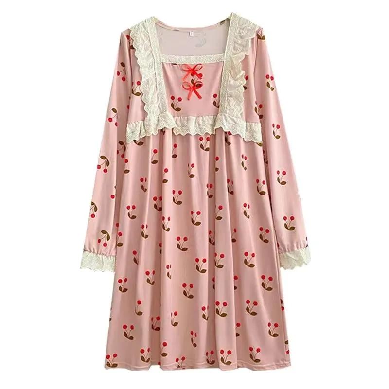 Women's Autumn Winter Pajamas Dress Long Cute Doll Collar Strawberry Printing Sweet Long Sleeve Nightdress Loose Comfortable Homewear