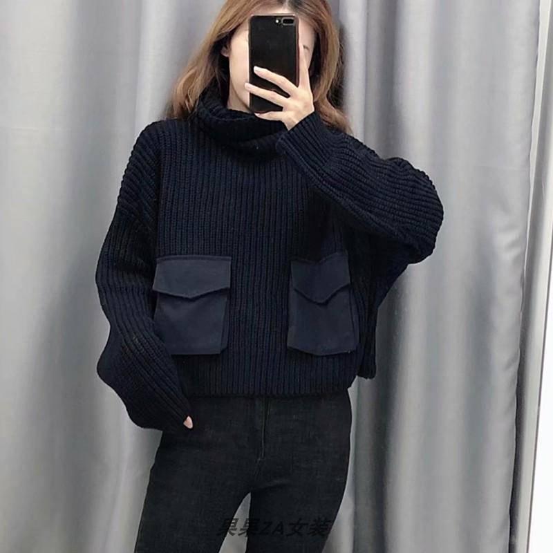 Lazy Wind Loose Head High Collar Women Knit Sweater Pure Black Double Pockets Lady Fashion Sweaters