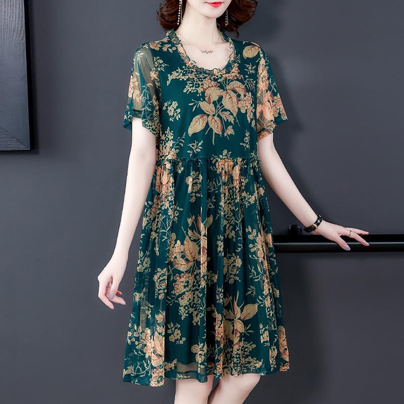 Women's Summer Dress XL-XXXXXL Chiffon Veil Short Sleeve Round Neck Printing Daily Wear