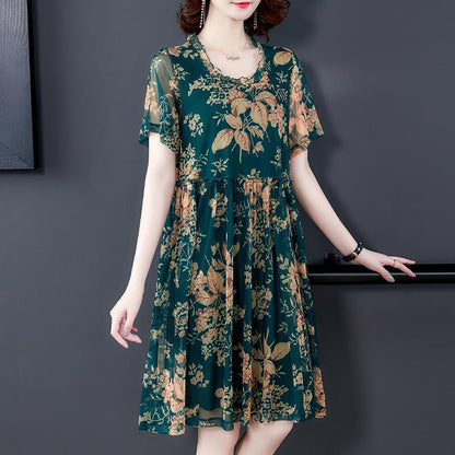 Women's Summer Dress XL-XXXXXL Chiffon Veil Short Sleeve Round Neck Printing Daily Wear