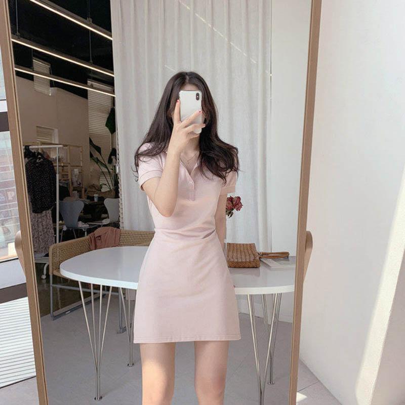 Summer Short Skirt Girl Retro Polo Collar Waist Slim Short Sleeve Small Man Pure Cotton Dress Pink
