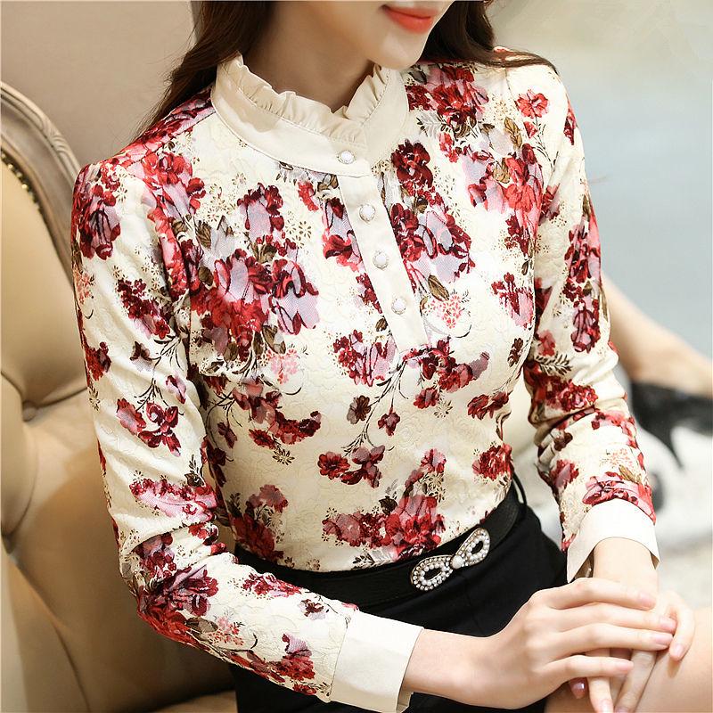 Plus Velvet Thick Lace Shirt Printing Women's Tops Are Fashionable and Slim, All-match Long-sleeved Bottoming Shirt