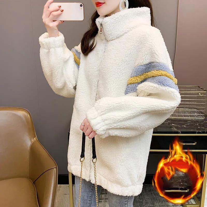 Winter Lamb Wool Coat Korean Loose Stitching Stand Collar Coat Women's Contrast Color Thickening Mid-length Warm Coat