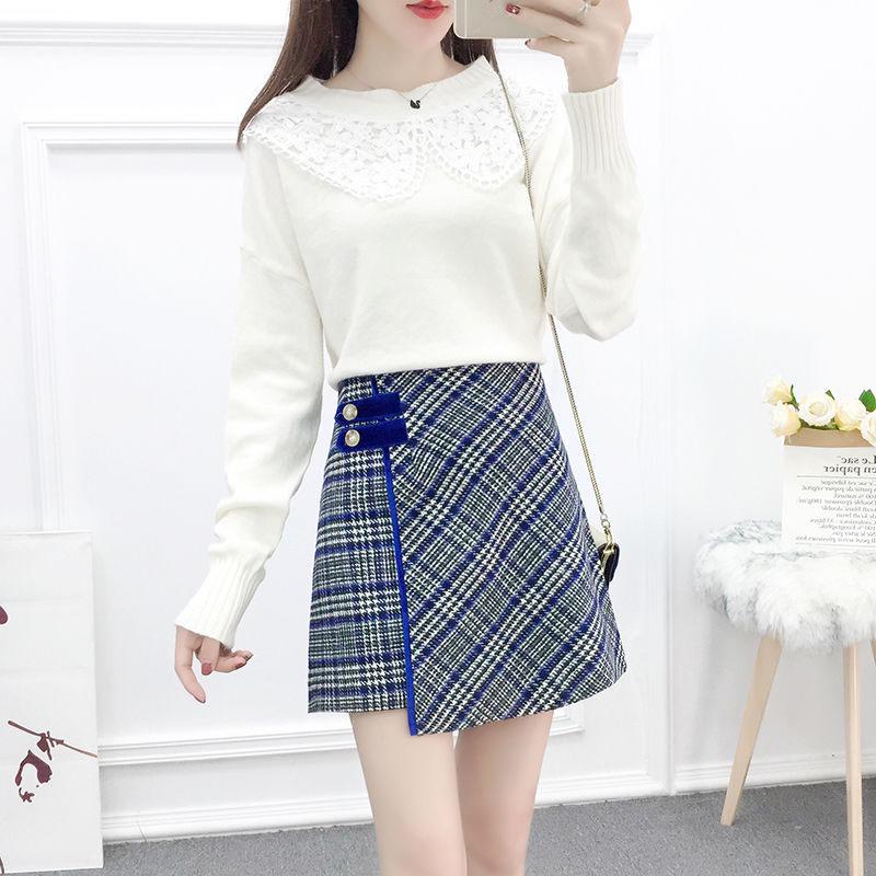 Autumn and Winter Sweater Suit Women Sweet Lace Stitching Knitted Sweater Top and Asymmetric Woolen A-line Skirt Two-piece Ladies Outfits