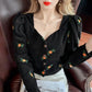 Women's Spring and Autumn Long Sleeve Shirt V-Neck Puff Sleeve Floral Short Top