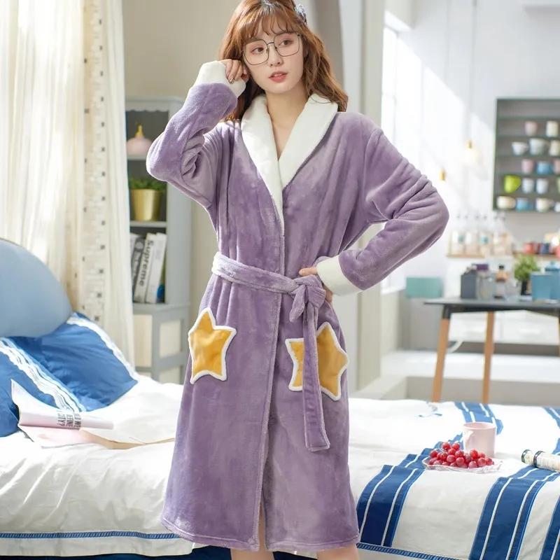 Women Bathrobe with Belt Autumn Winter Thick Velvet Flannel Pajamas Coral Fleece Pyjamas Cartoon Cute Homewear Casual Loose Sleepwear Nightwear
