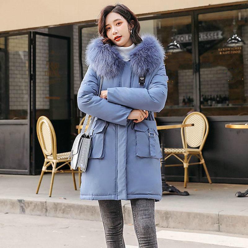 Solid Cotton Liner Parker Down Parkas New Long Hooded Winter Jacket Women Adjustable Waist Warm Fur Collar Coat