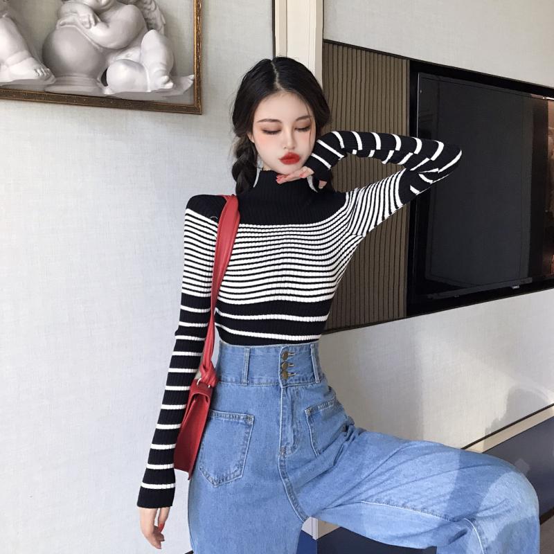 Pofulove Inner Net Red Sweater Bottoming Blouse Korean Slim Turtleneck Striped Long Sleeve Sweater