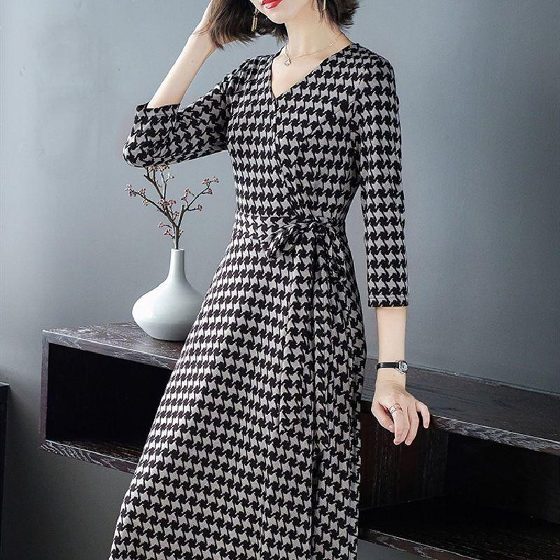 Plaid Printed Skirt Spring Summer Casual All-match Long Skirt V-neck Three-quarter Sleeves Waist Thin A-line Dress