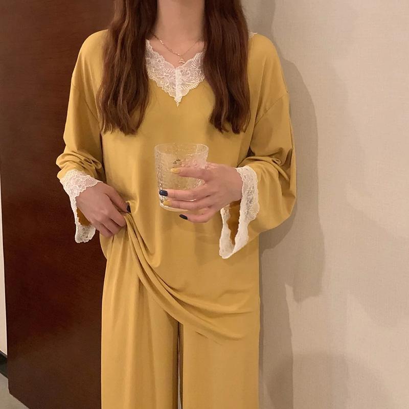 Women's Spring Autumn Long-sleeves Pajamas Set Sexy Lace Edge V-neck Sweet Loose Home Wear Two-piece Suit Solid Color Breathable Sleeping Suit