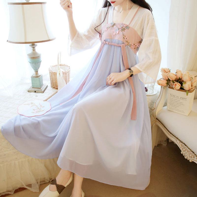 Chinese Improved Han Dynasty Clothing Dress Summer Female Student Embroidered Antique Ancient Costume Fairy High Waist Mid-sleeve Chiffon Long Skirt