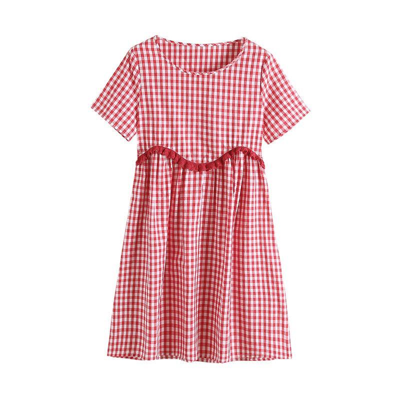 Plaid Lace Skirt S-XXXL Summer Cotton Neckline Round Short-sleeved Knee-length A-line Dress