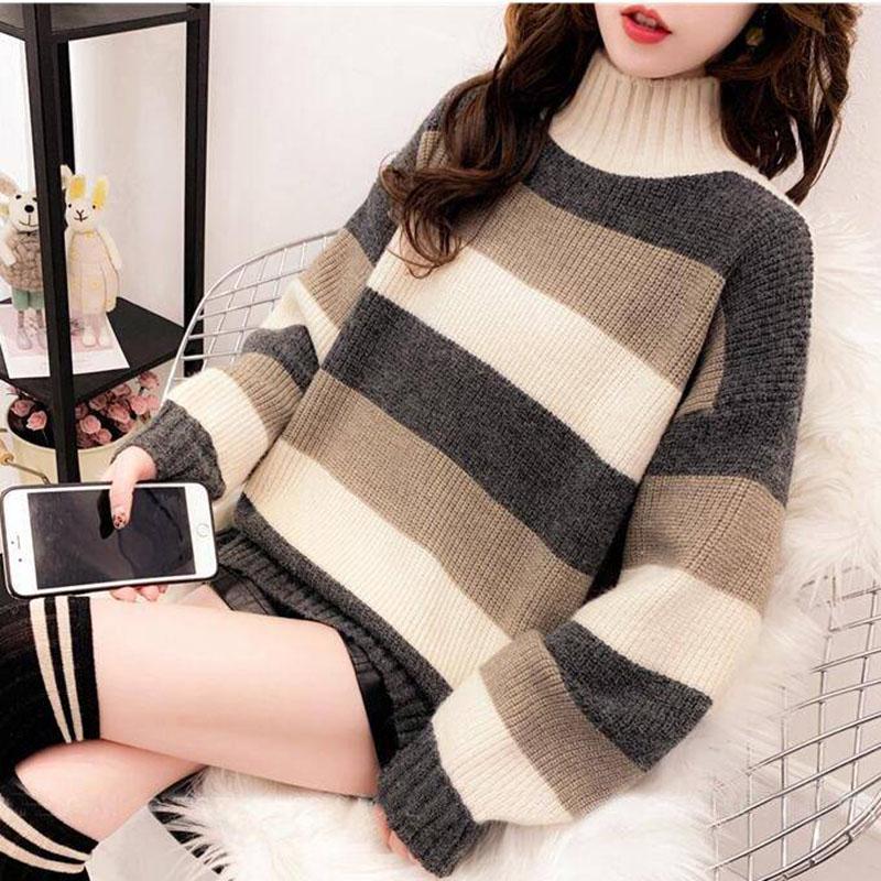 Pofulove Winter Turtleneck Sweater Women Solid  Plus Size loose Long Pullovers Knitting Jumper