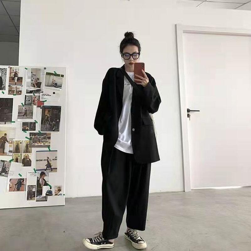 Women's Suit Jacket Spring and Autumn Korean Version Ins Student Loose Jacket Retro Slim Casual Black Blazer Personalized Coat