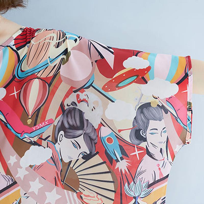 Large Size Women's Dress Loose and Thin Printing Retro Ethnic Style Women's Round Neck Short Sleeve Loose Mid-length Skirt Light and Breathable Fabric