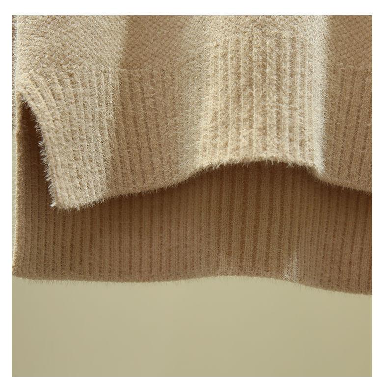 Women's Half Turtleneck Sweater Faux Mink Solid Color Sweater Side Slit Loose Plus Size Sweater