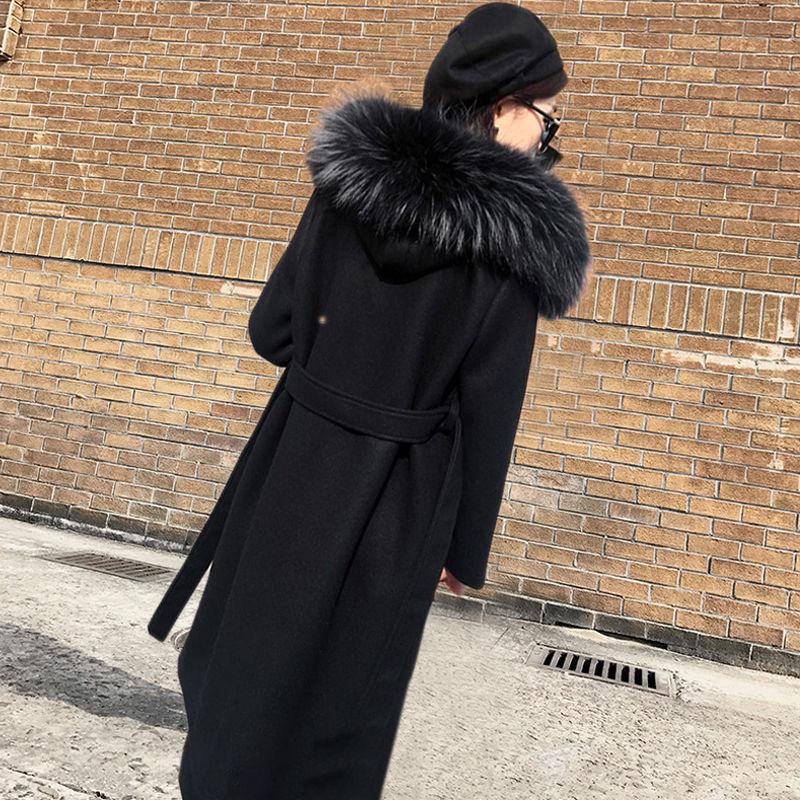 Autumn Winter Coat Cashmere Trench Jacket Women Casual Black Coat with Hooded Warm Pocket Jackets