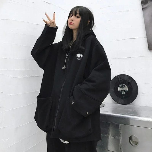 Spring and Summer Dark Style Hoodie Women Loose Thin Zipper Cardigan Sweater Student Panda Coat Ladies Casual Slim Print Coat