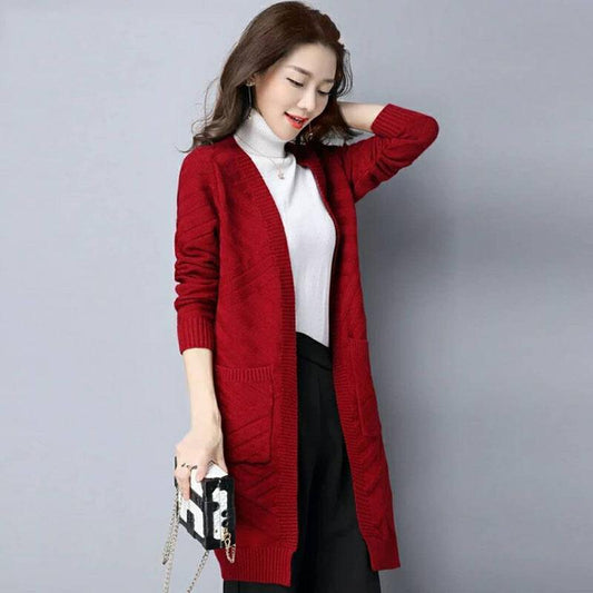 Spring and Autumn Loose Knitted Sweater Cardigan Mid-length Loose Top Pure Color Simple Women's Jacket