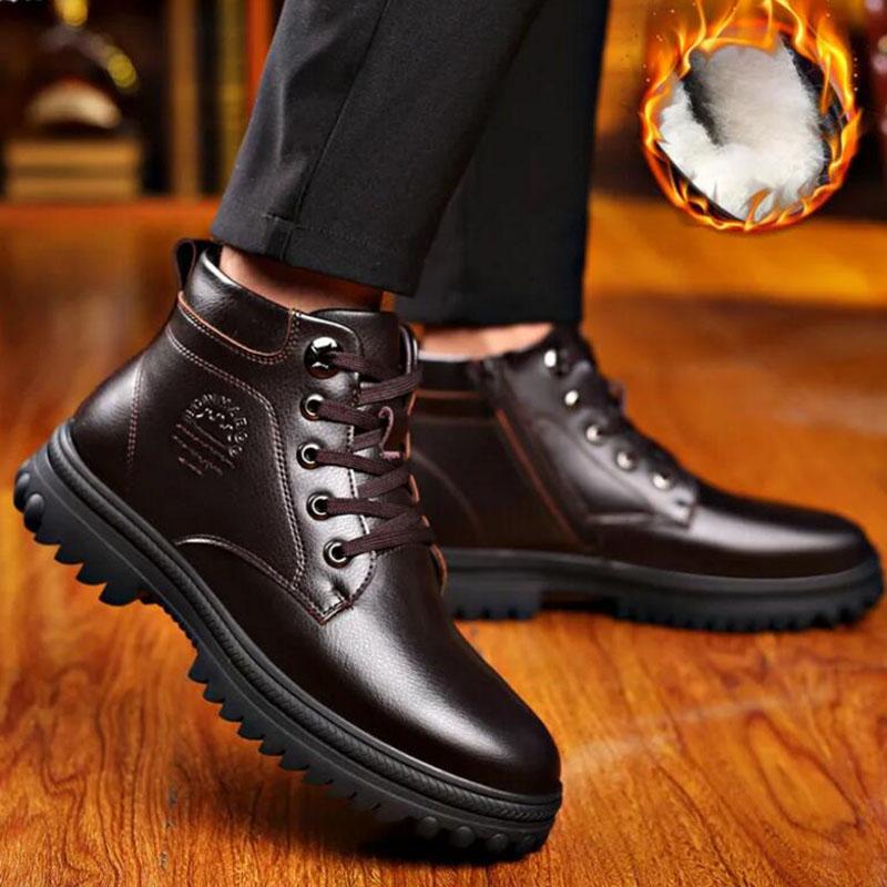 Winter Men's Genuine Leather Boots Wool Inner Thickening High-top Warm Ankle Boots  Business Leather Shoes Snow Boots