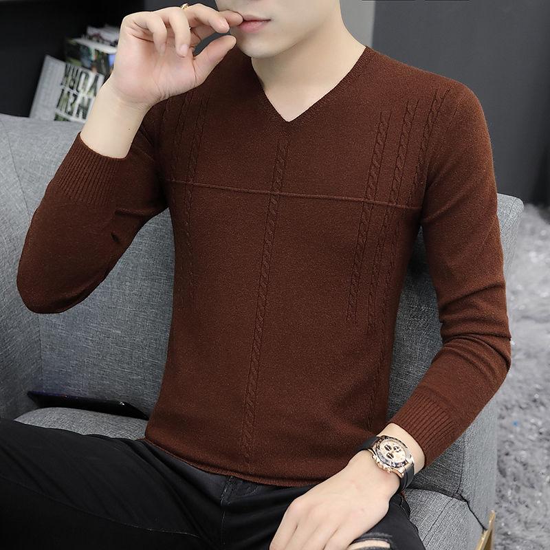 V-neck Sweater Men's Slim Type Autumn and Winter Bottoming Shirt Thin Section Korean Low-neck Sweater Seamless Sweater