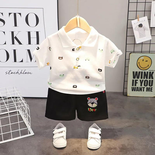 Hildren's Clothing Boys Polo Short-sleeved Suit Bear Full Print Two-piece Summer Children's Clothes Summer