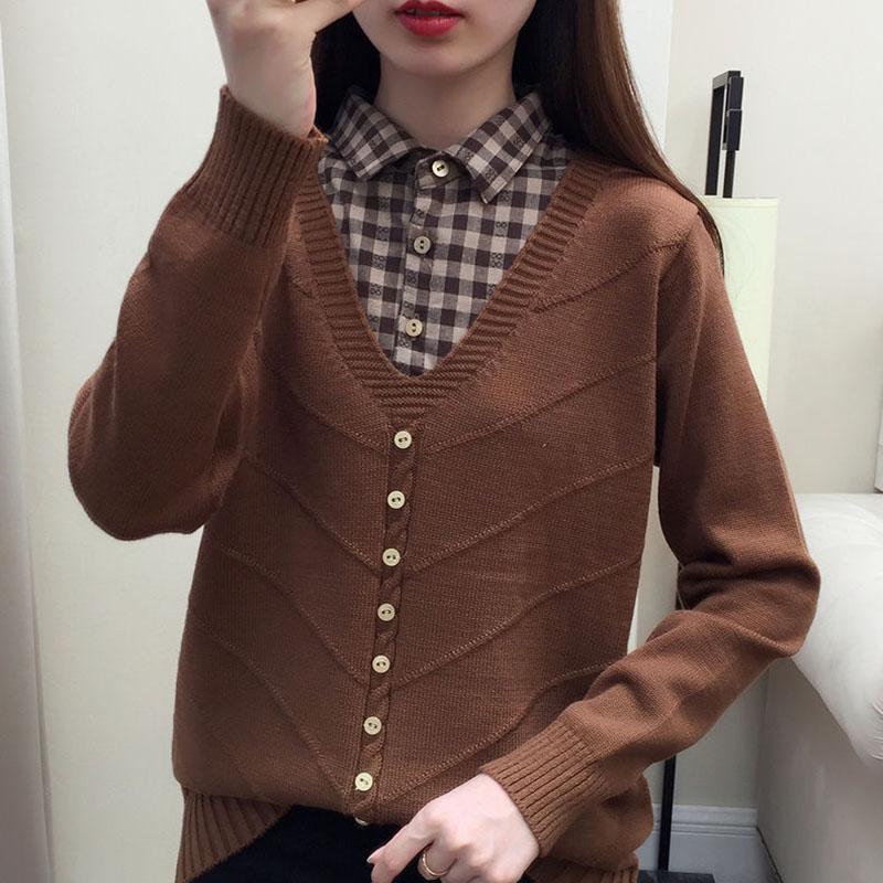 Autumn/Winter Korean Patchwork Pullover Loose Lapel Sweater Female Fake Two Piece Pullover Knitted Sweater Top
