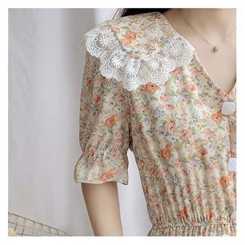 Chiffon Floral Dress Female Waist Is Thin, Temperament Gentle Wind Lace Stitching Princess Skirt Chiffon Long Dress Large Skirt