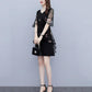 Large Size Women's Summer Black Belly Cover Sequins Embroidery Stitching Short-sleeved Fairy Dress Ladies Temperament A-line Skirt