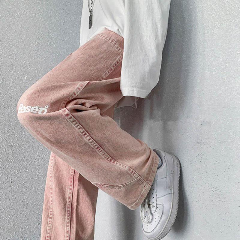 American Retro Bombing Street Pink Jeans Women Tide Autumn Loose Thin Letter Straight Wide Leg Pants