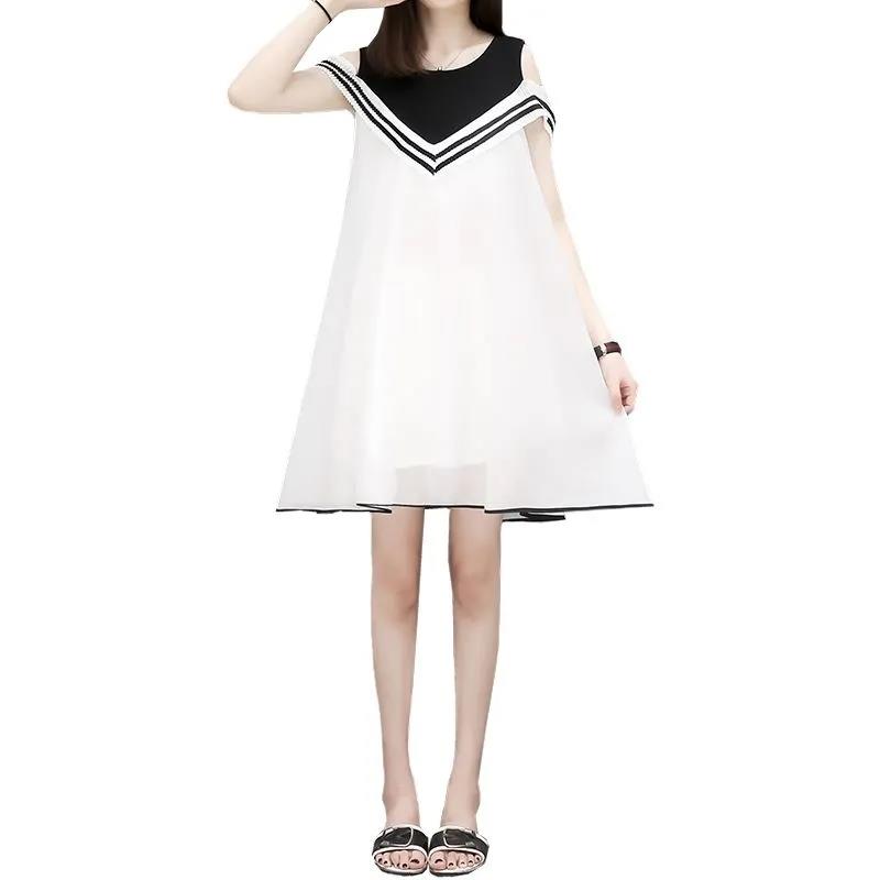 Summer Round Neck Short Sleeve Mid-length Chiffon Dress Loose and Thin Black and White Stitching Cute Princess Dress Ladies Strapless Short Dress