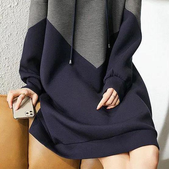 Women's Spring and Autumn Long Hoodie Color Matching Casual Hoodied Dress Large Size Loose and Versatile Hoodie